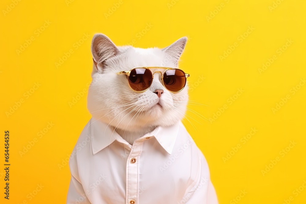White British cat wearing sunglasses and shirt in a summer concept on a yellow background
