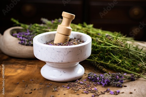 White ceramic mortar and pestle used for healing herbs