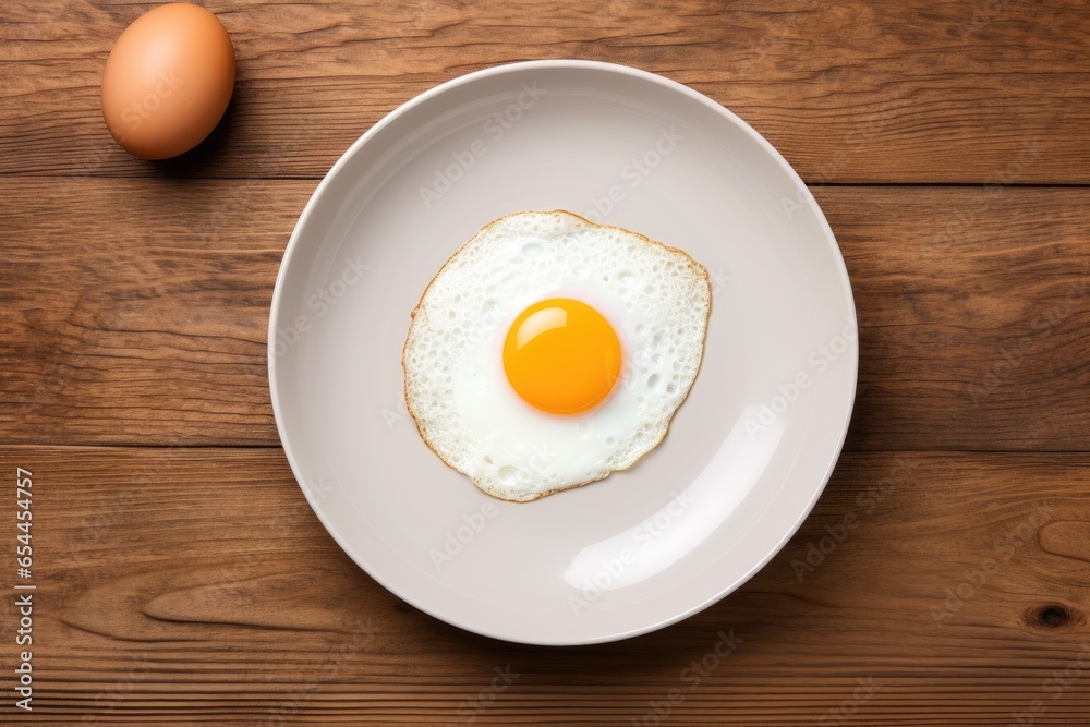 White dish with fried egg on wooden background seen from above White dish with fried egg on wooden background seen from above