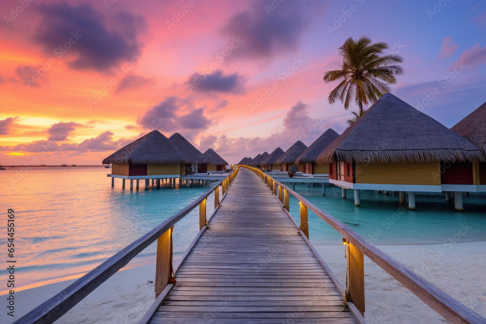 Fototapeta premium Houses in the ocean with hotel rooms on a blue sky background.