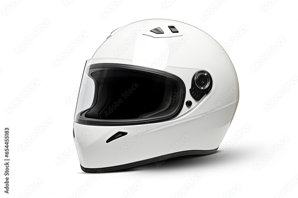 Fototapeta premium White motorbike helmet isolated on white background representing motorsport safety