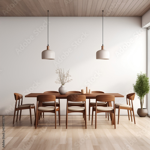 Mid century modern dining room interior design, dining room interior mockup, 3d render illustration mockup