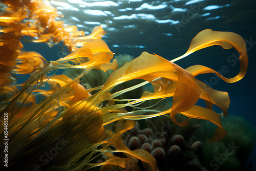 Close up of golden kelp fronds in sea