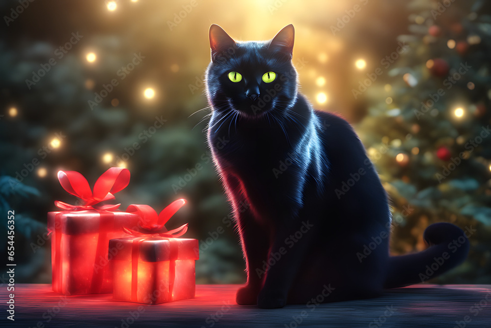 Cute black cat with Christmas decoration. Generative AI Cute black cat with Christmas decoration. Generative AI