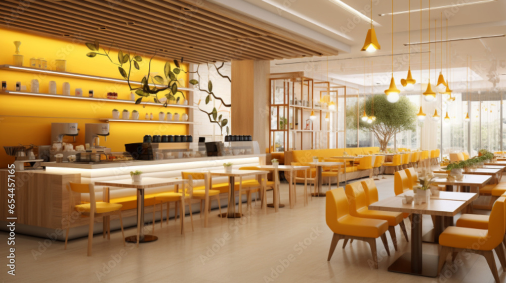 Design a modern and inviting tea cafe interior located within a shopping mall, featuring wooden chairs and stunning pendant lights. Create a wide and open layout that caters to mall-goers looking for 