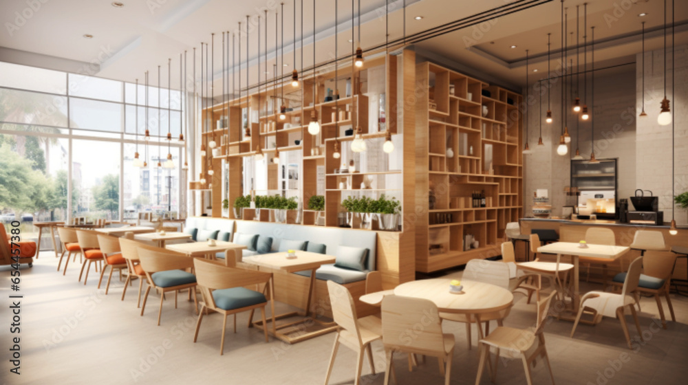 Design a modern and spacious interior for a tea cafe, featuring wooden chairs and beautiful hanging lights to create an inviting atmosphere. Focus on a wide layout that provides ample space for custom