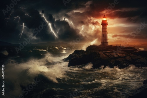 Lighthouse at night in a stormy sea with clouds and waves