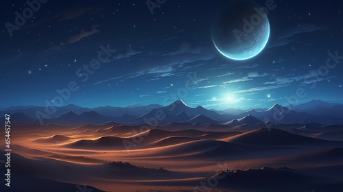 : A serene, moonlit night over a tranquil, starlit desert, with sand dunes glowing in the soft light.