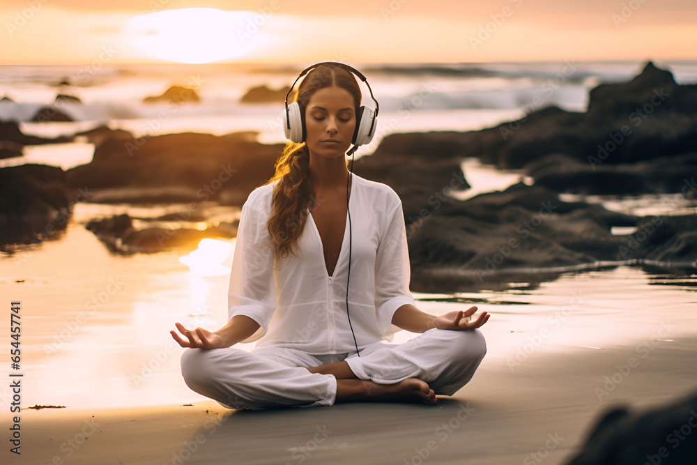 Fototapeta premium Young woman in headphones on the seashore doing meditation and yoga