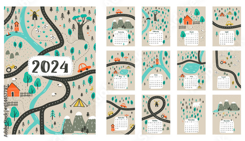 Calendar 2024 with cute countryside maps. Separate page for every month. Week starts on Sunday.