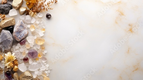 variously minerals and gems, top view, bright light, minimalistic, light gold marble table background