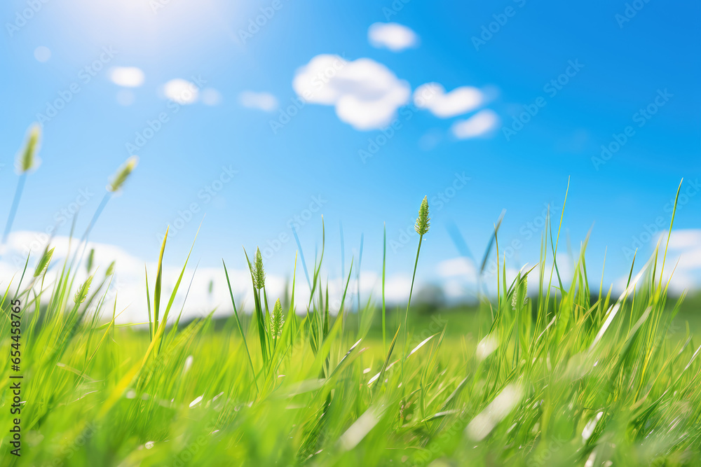 Fototapeta premium Green grass with blue sky and white clouds. Shallow depth of field