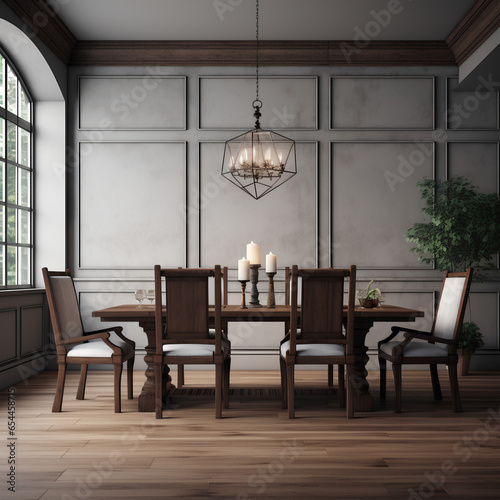 Tudor dining room interior design, dining room interior mockup, 3d render illustration mockup © thecreativesupplies