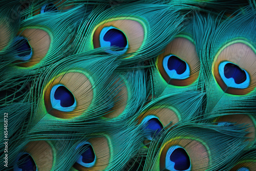 Beautiful bright background of peacock feathers, peacock feathers on a dark background