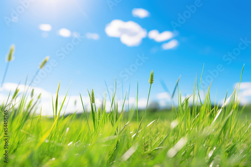 Green grass with blue sky and white clouds. Shallow depth of field