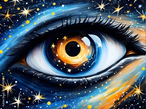 Painting of Starry Cosmic Night Sky in Close up Human Eye 