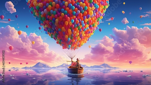 A birthday kayak floating beneath a vibrant, multi-colored hot air balloon-filled sky.