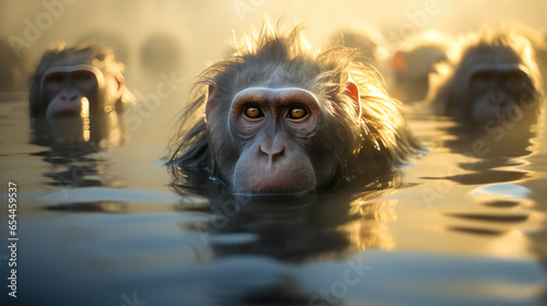 tête de singe en gros plan dans la rivière, autres singes en arrière plan