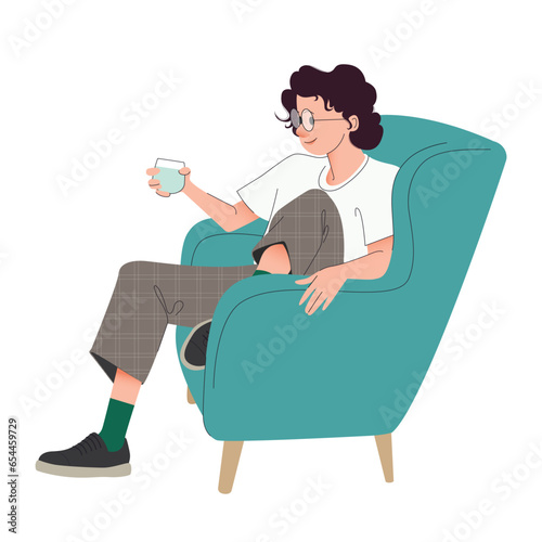 Young man sitting in relaxing pose on a chair with glass of water. Male cartoon character in a meeting or on a break. Isolated vector illustration for poster, banner, websites and social media design.