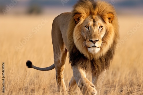 A majestic lion strolling through a golden savannah