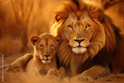 Two lions resting side by side in the savannah