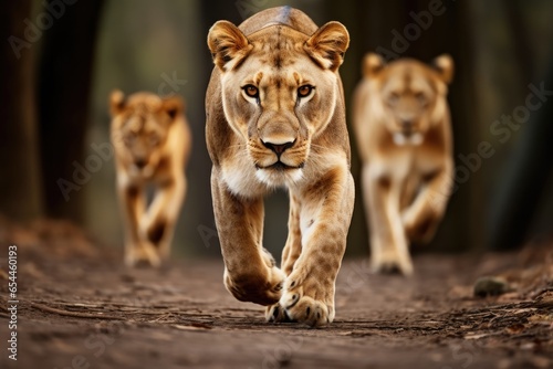 A pride of lions strolling along a dusty road in the wilderness