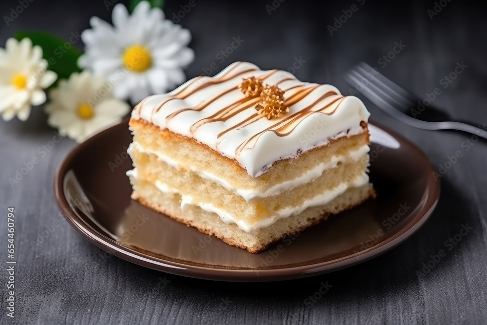 Delicious Dessert - Vanilla cake, Homemade bakery serve on plate with blurry background, Home cooking dessert recipes concept. Delicious Dessert - Vanilla cake, Homemade bakery serve on plate with blurry background, Home cooking dessert recipes concept.