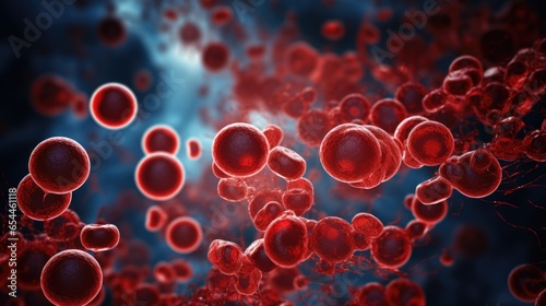 3d render of red blood cells on blue background with copy space. Red blood cells circulating in blood vessels and veins, human blood cells