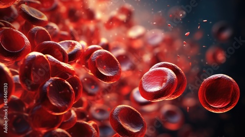 Red blood cells, circulating in blood vessels and veins, human macro blood cells move in one direction. Dark medical capsules banner background, 3d rendering photo