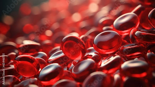 Red blood cells close up, circulating in blood vessels and veins, with human blood cells flowing in one direction. Red medical capsules background, 3d render illustration with a depth of field