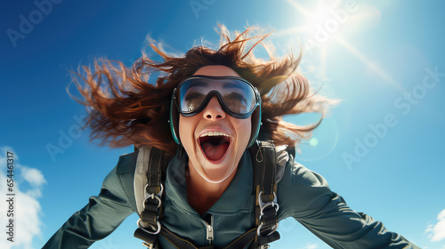 Emotional portrait of a surprised and joyful young woman flying in the sky after a parachute jump. Extreme sport for adults.  photo