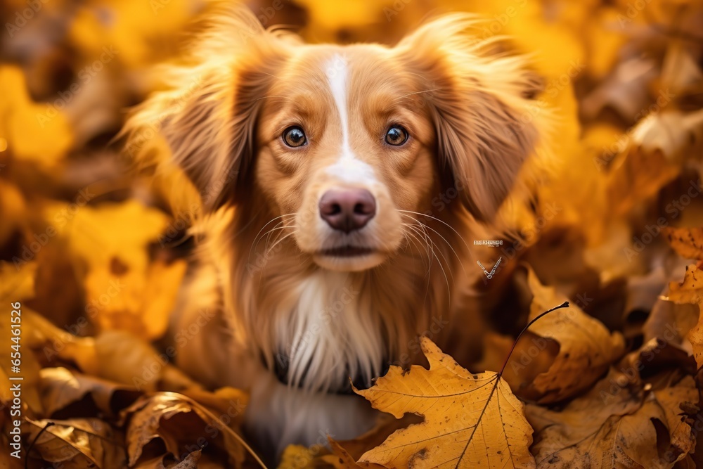 Cute dog in autumn leaves. Generative AI