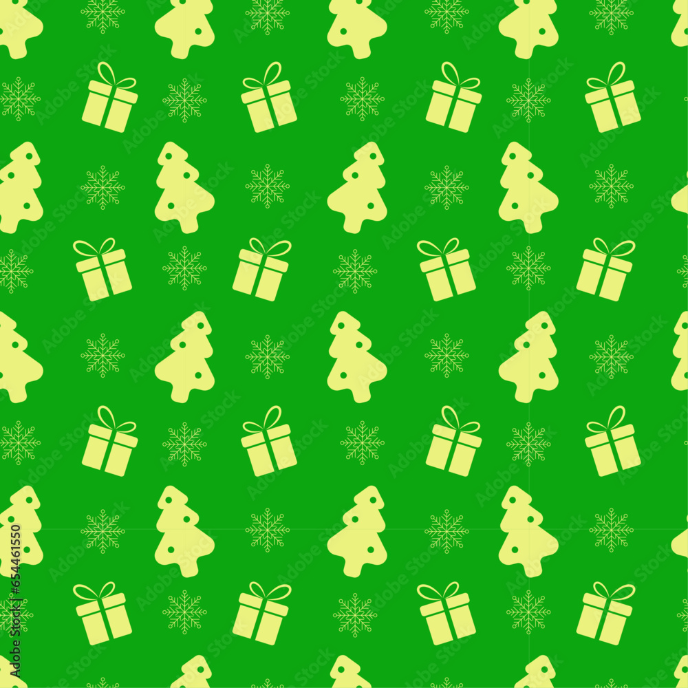 The Christmas golden pattern with gift boxes, firs, and snowflakes on the green background The Christmas golden pattern with gift boxes, firs, and snowflakes on the green background