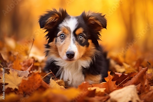 Cute dog in autumn leaves. Generative AI © Alina