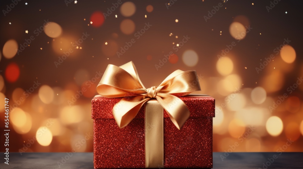 Shiny red box with gold bow in the center closeup gift on festive bokeh background with copy space, birthday surprise New Year Valentine's concept Shiny red box with gold bow in the center closeup gift on festive bokeh background with copy space, birthday surprise New Year Valentine's concept