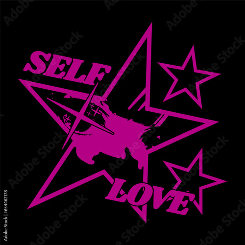 Streetwear Y2K print witch star and anime girl eyes. Modern graphic with text "Self Love". Isolated on black background