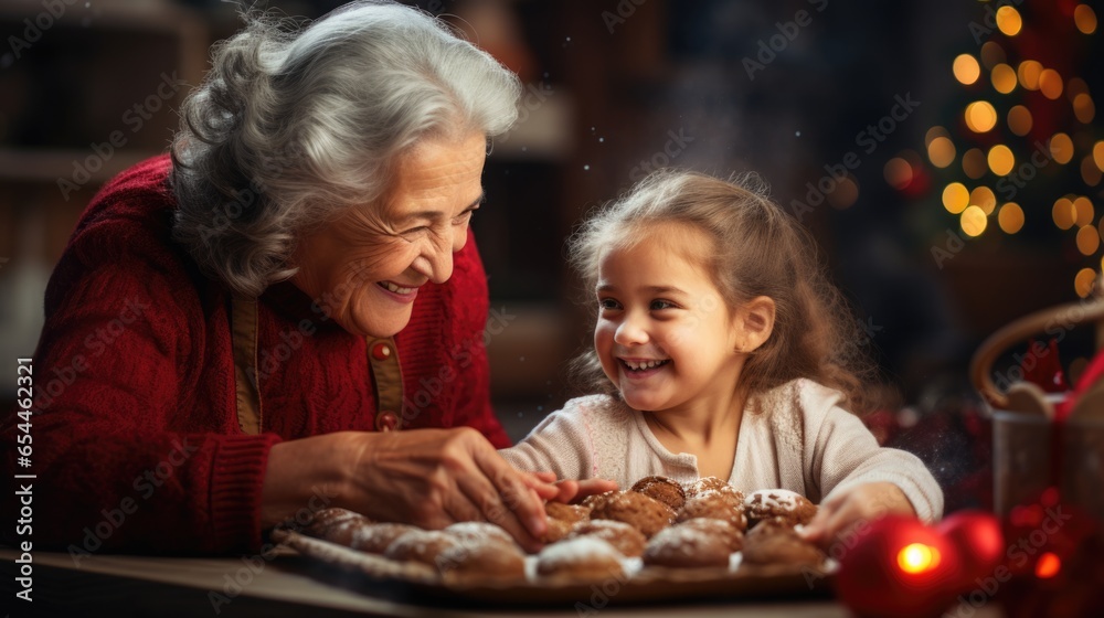 Happy grandmother with her granddaughter smiling at the table with Christmas food gingerbread cookies on the background of the New Year's kitchen in winter holiday decorations, Christmas tree candles Happy grandmother with her granddaughter smiling at the table with Christmas food gingerbread cookies on the background of the New Year's kitchen in winter holiday decorations, Christmas tree candles
