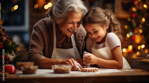 Happy girl with her grandmother baking Christmas gingerbread cookies on the background of a New Year's kitchen in winter holiday decorations with a Christmas tree, candles with copy space photo