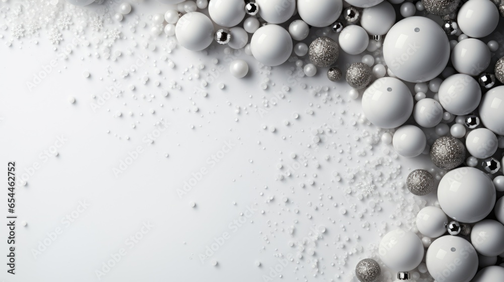 Christmas white background with silver matte balls and snowflakes. Top view. New Year greeting card with copy space