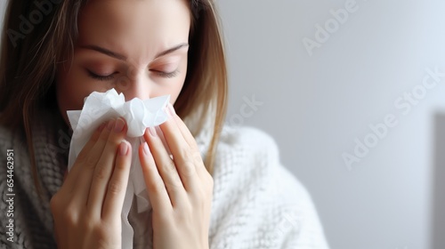 Blonde woman in a knitted sweater close-up portrait sick sneezes coughing into a tissue on a light background with copy space, unhealthy patient with flu blowing nose into napkin, allergy cold symptom