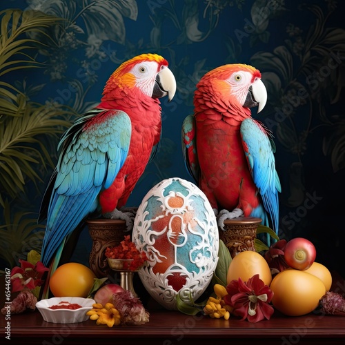 parrots with Easter egg. 