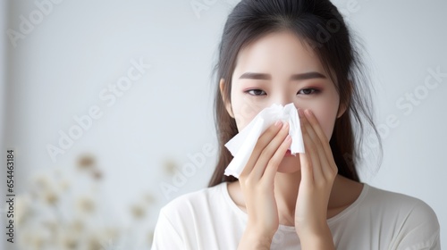 Asian sick woman sneezing coughing into a white napkin isolated on a banner with blurred flowers copy space, unhealthy flu patient blowing nose into a napkin, allergy cold symptoms of covid virus