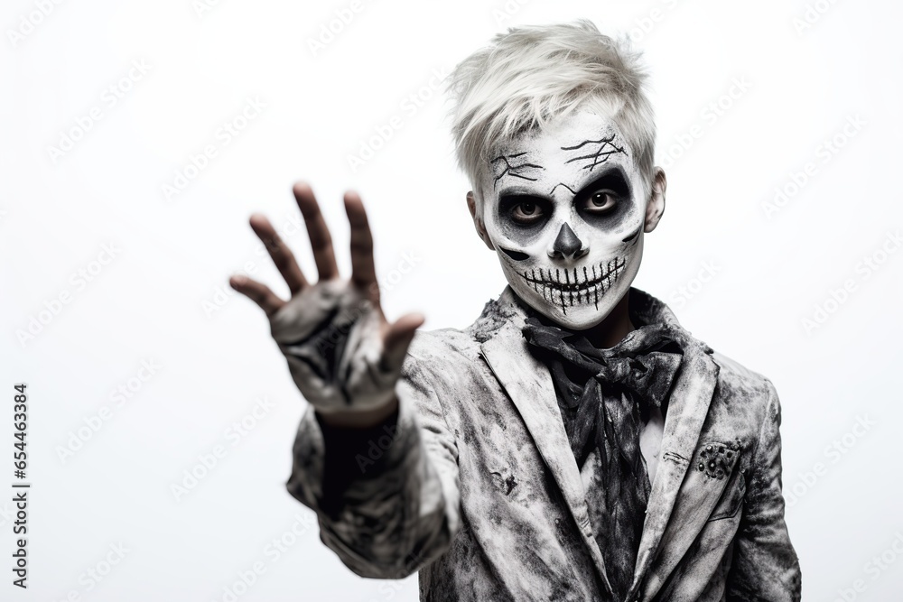 Happy boy in halloween skeleton costume on white background Happy boy in halloween skeleton costume on white background