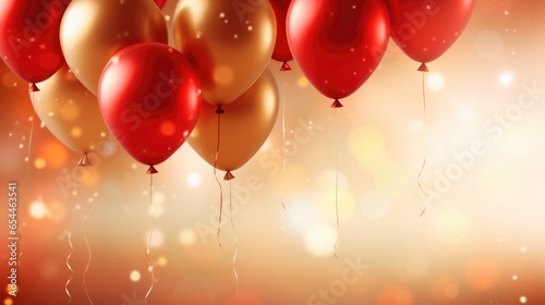 Red and gold helium balloons with glitter serpentine ribbons fly on blurred bokeh background horizontal premium banner for event organization agency with copy space, birthday anniversary card