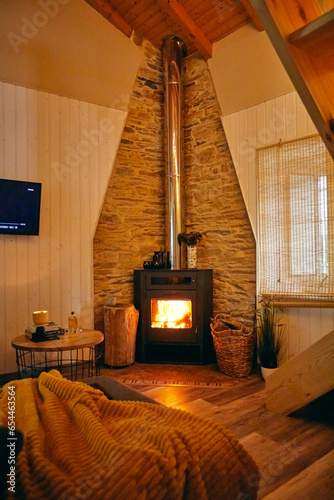 Cozy living room with a wood-burning stove, TV, aesthetic decor. Modern meets traditional, offering warmth and relaxation