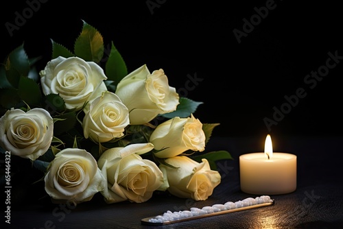 White roses and a burning candle on a dark background Funeral flowers and a candle on a table against black background Funeral symbol Concept of mood and condo