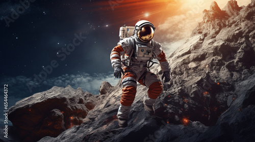 Astronaut on rock surface with space background