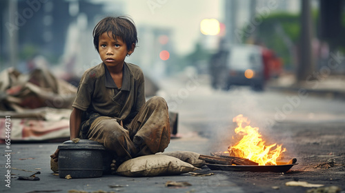 A homeless child sits and asks for food, the problem of hunger, drought, poverty 