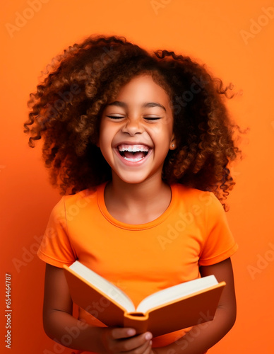 Portrait of a cute little african american girl laughing while reading a book on orange background