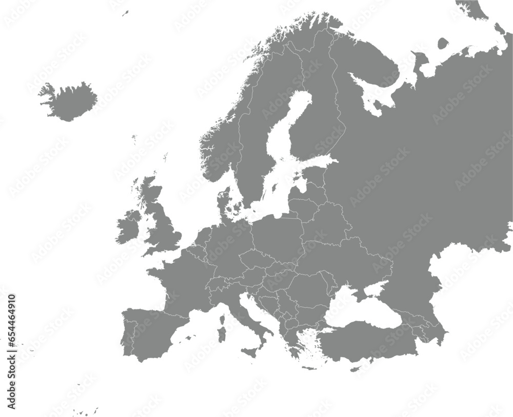 GRAY CMYK color detailed flat stencil map of the continent of EUROPE (with country borders) on transparent background - obrazy, fototapety, plakaty 